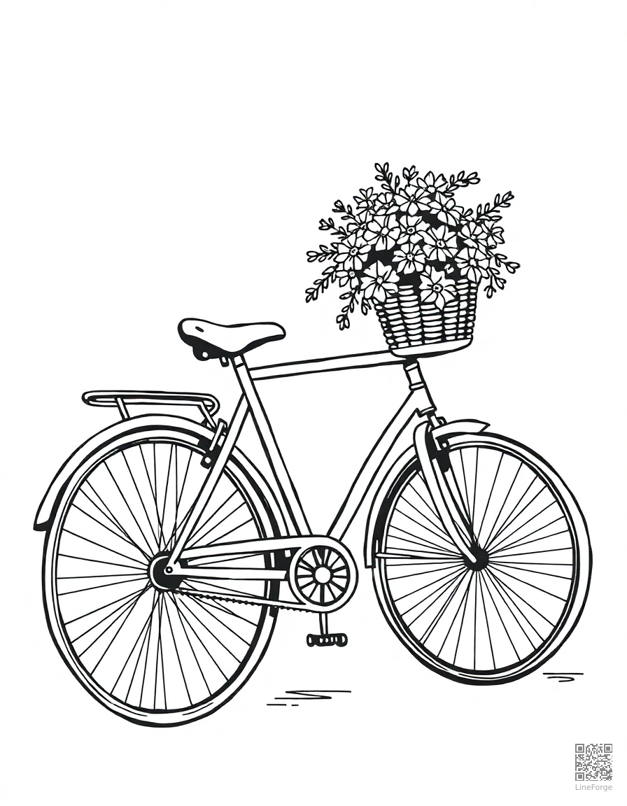 bicycle with a basket of flowers coloring page Woodcut style - free printable