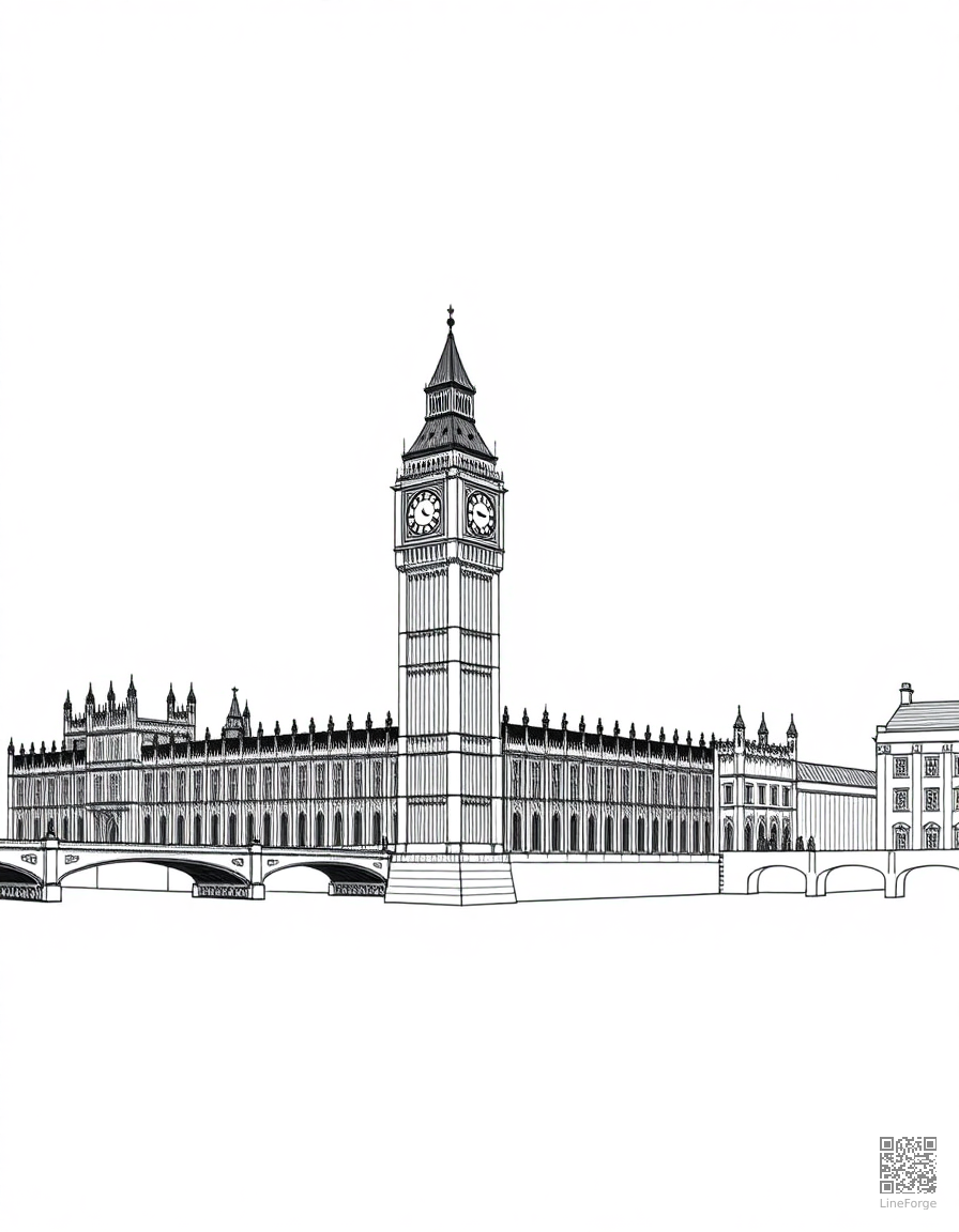 big ben and houses of parliament london coloring page Crosshatch style - free printable