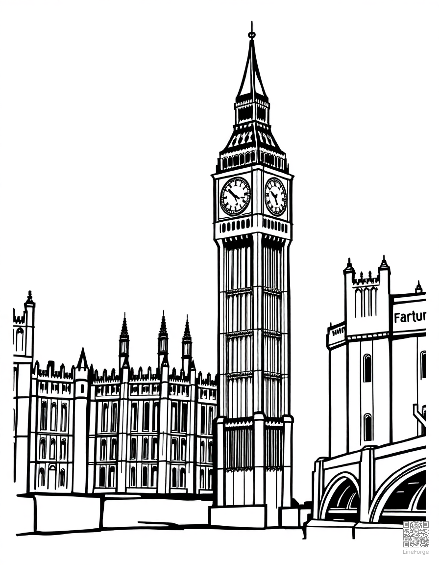big ben and houses of parliament london coloring page Woodcut style - free printable