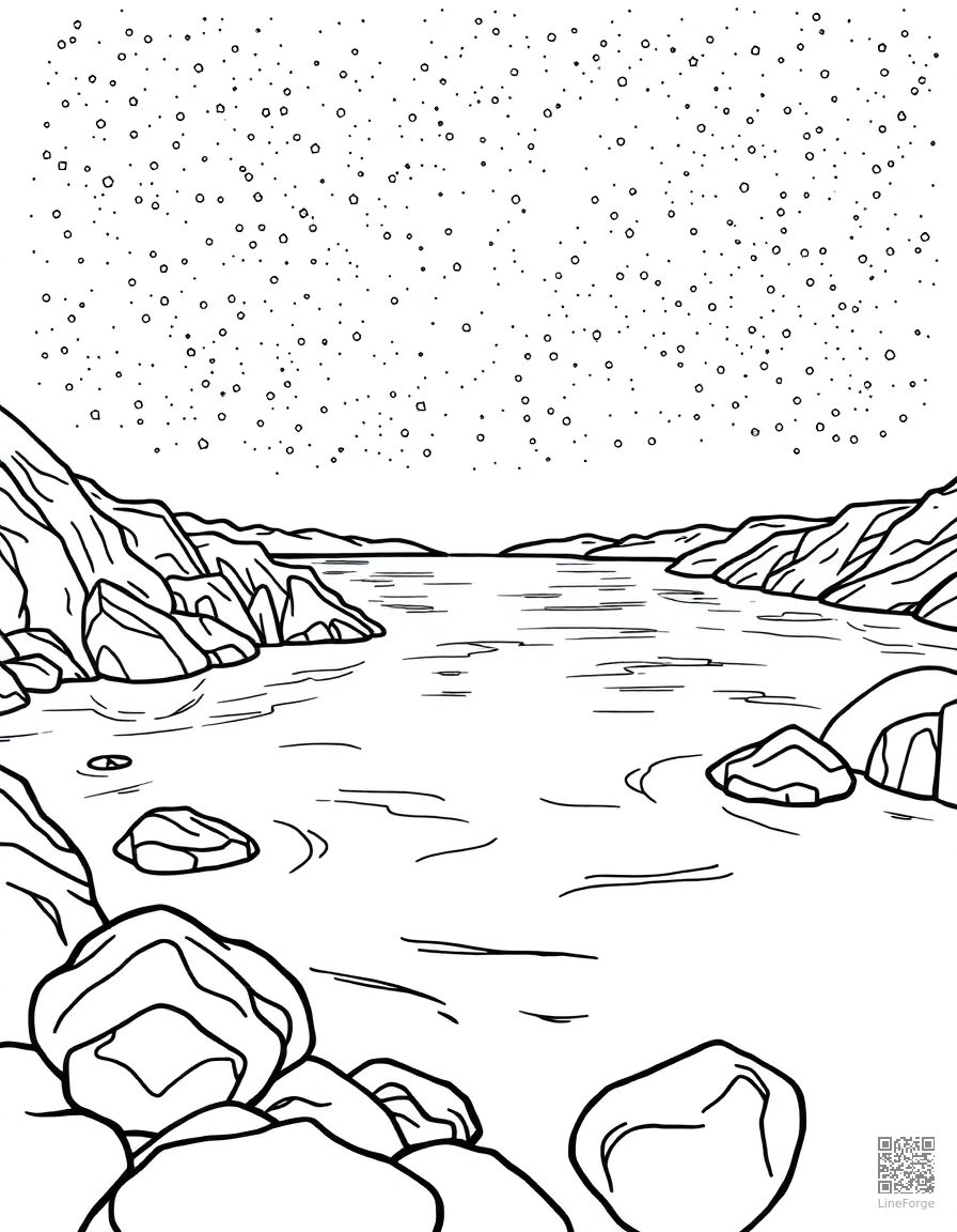 Free bioluminescent bay glowing at night coloring page in contour style — printable line art