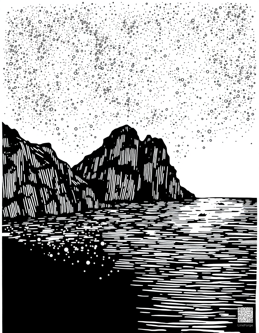 bioluminescent bay glowing at night coloring page Crosshatch style free printable