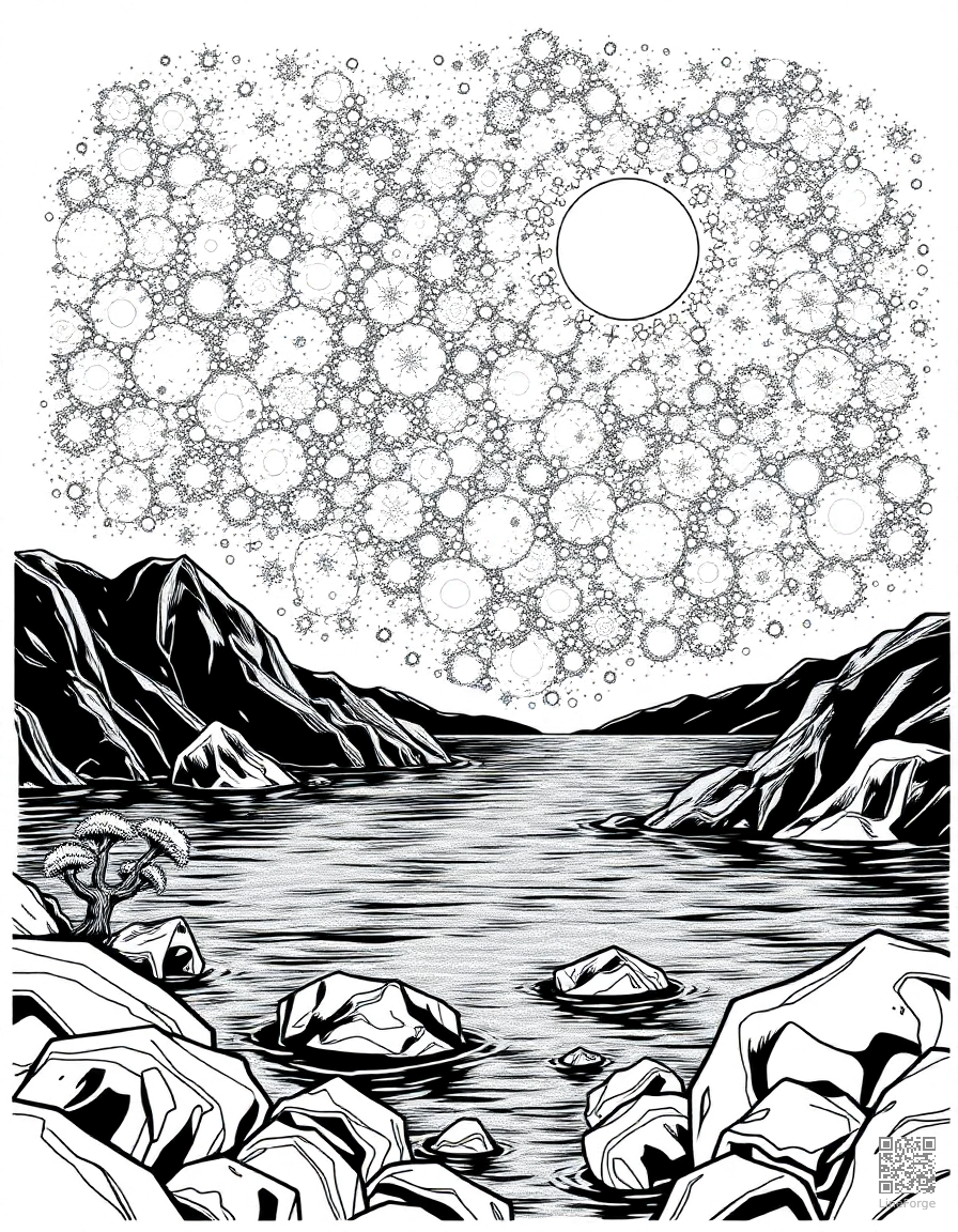 bioluminescent bay glowing at night coloring page Manga style free printable