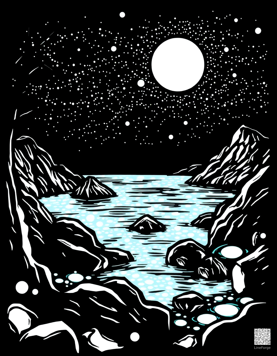 bioluminescent bay glowing at night coloring page Woodcut style free printable