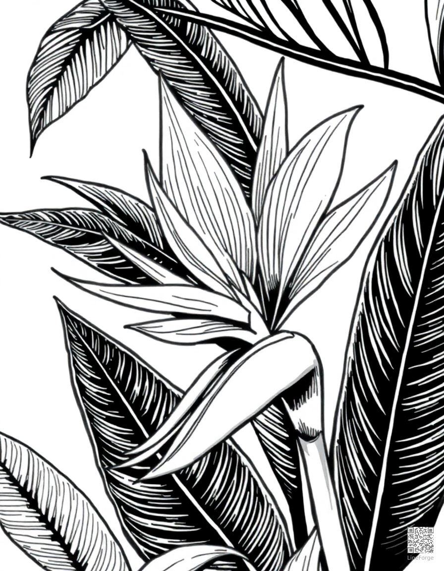 bird of paradise flower in tropical setting coloring page Crosshatch style - free printable