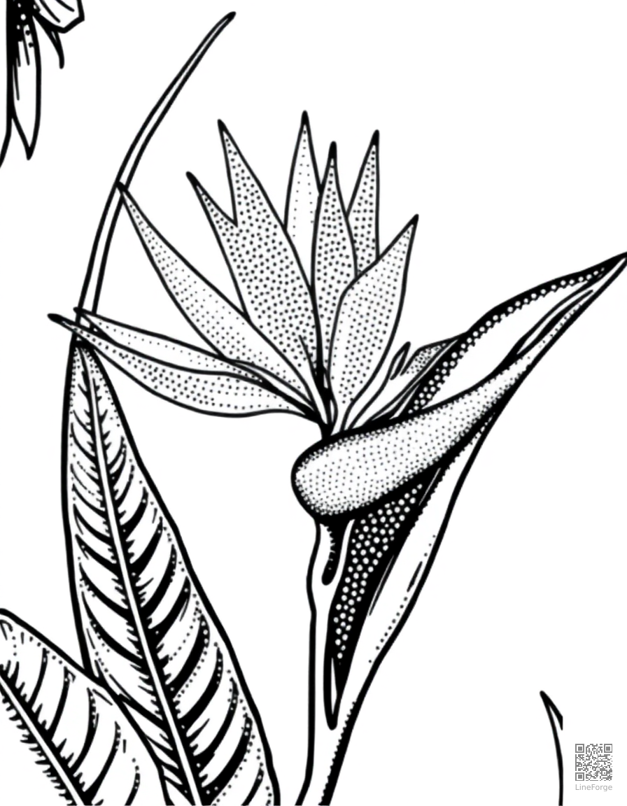 bird of paradise flower in tropical setting coloring page Stipple style - free printable
