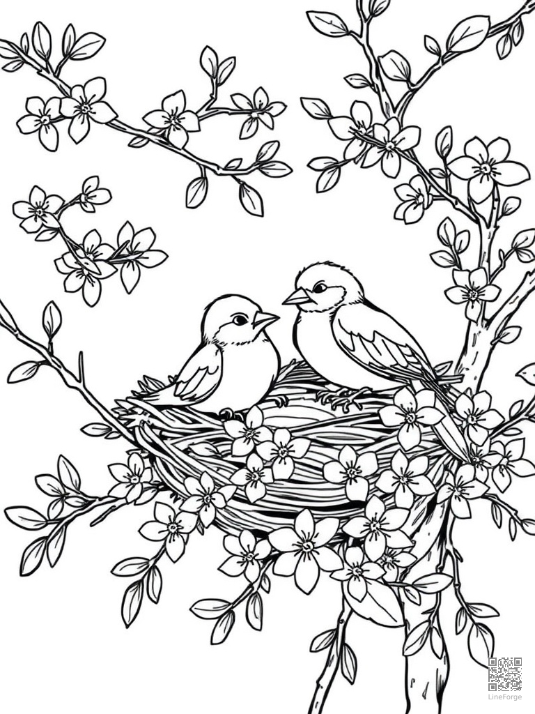 Free birds building a nest in flowering branches coloring page in contour style — printable line art