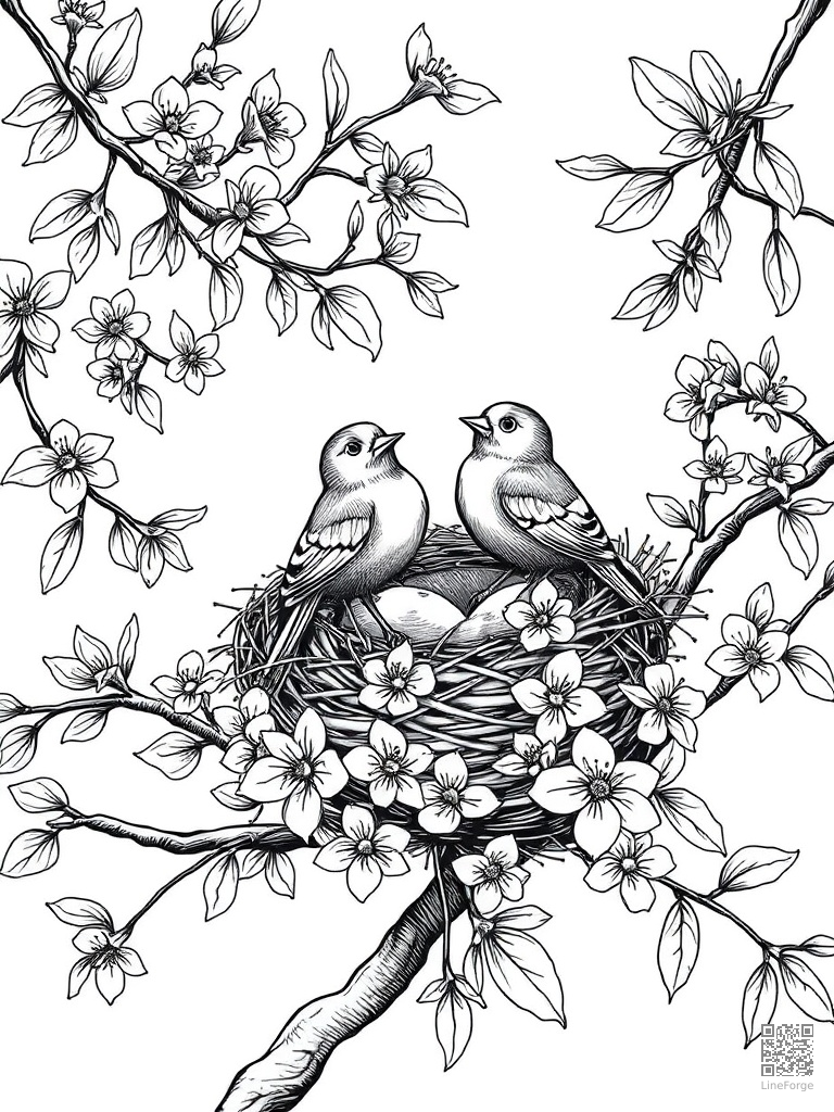 Free birds building a nest in flowering branches coloring page in crosshatch style — printable line art