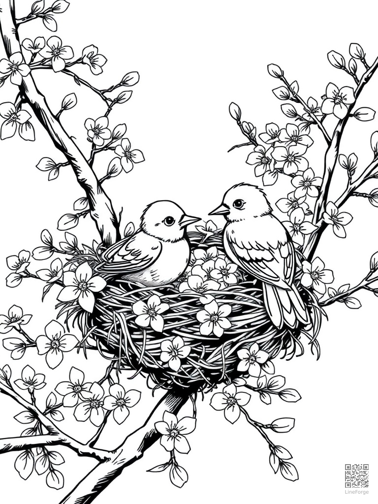 Free birds building a nest in flowering branches coloring page in manga style — printable line art