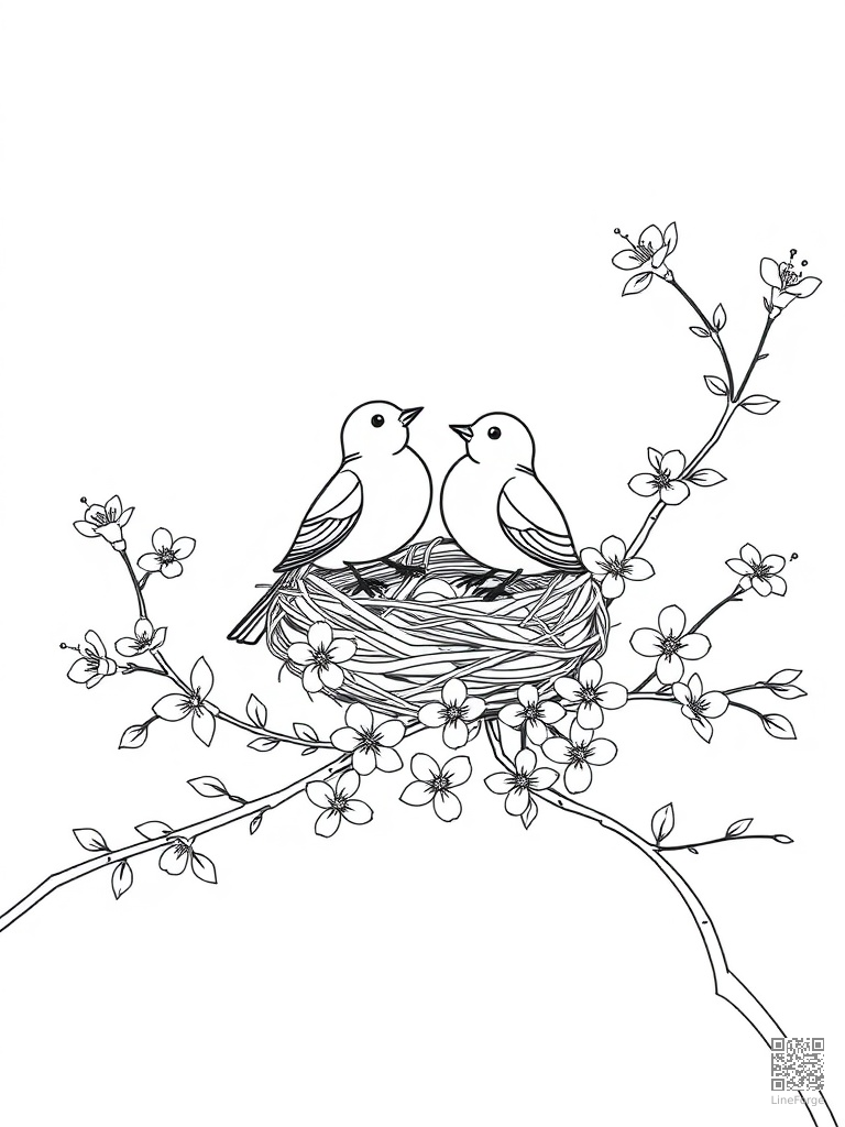 Free birds building a nest in flowering branches coloring page in minimal style — printable line art