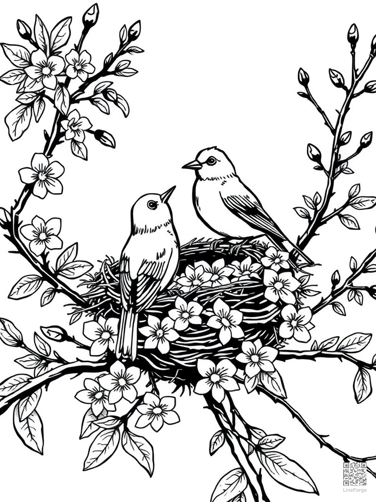 Free birds building a nest in flowering branches coloring page in woodcut style — printable line art