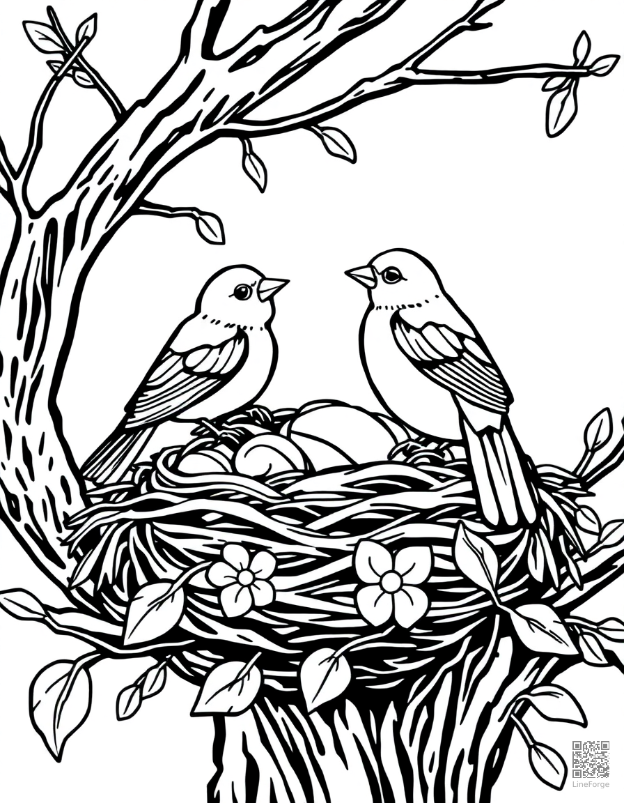 Birds building a nest in spring coloring page Contour style - free printable