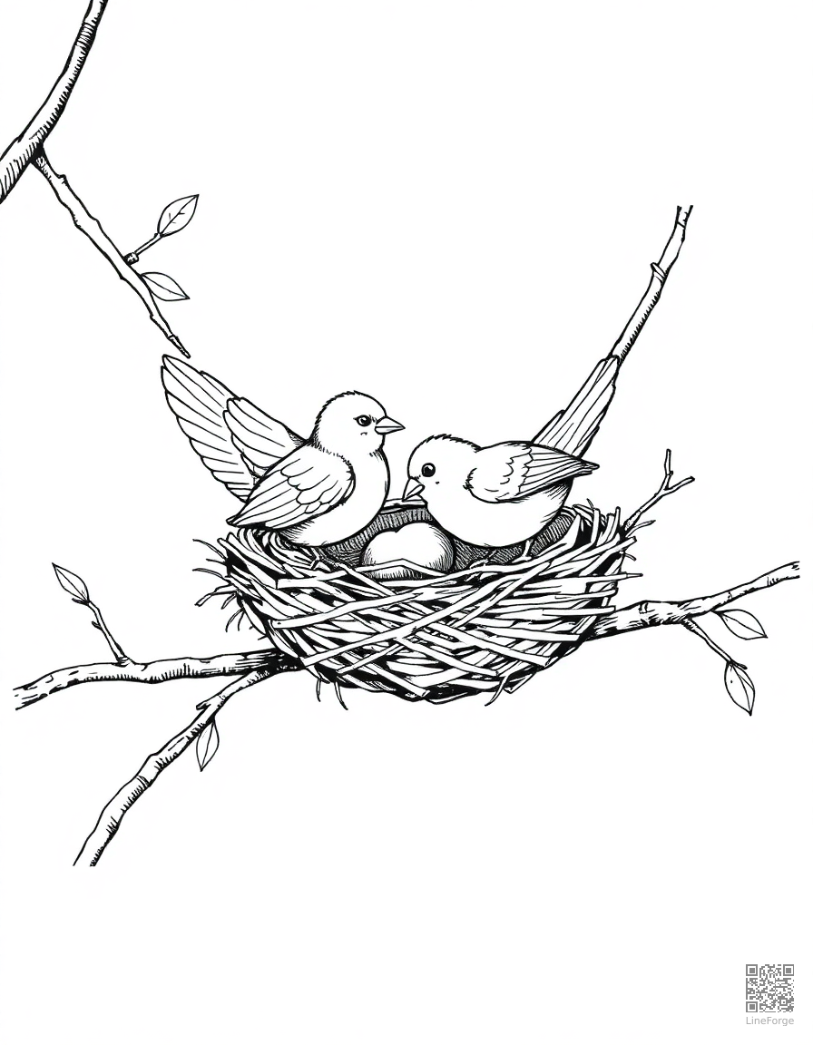 Birds building a nest in spring coloring page Crosshatch style - free printable