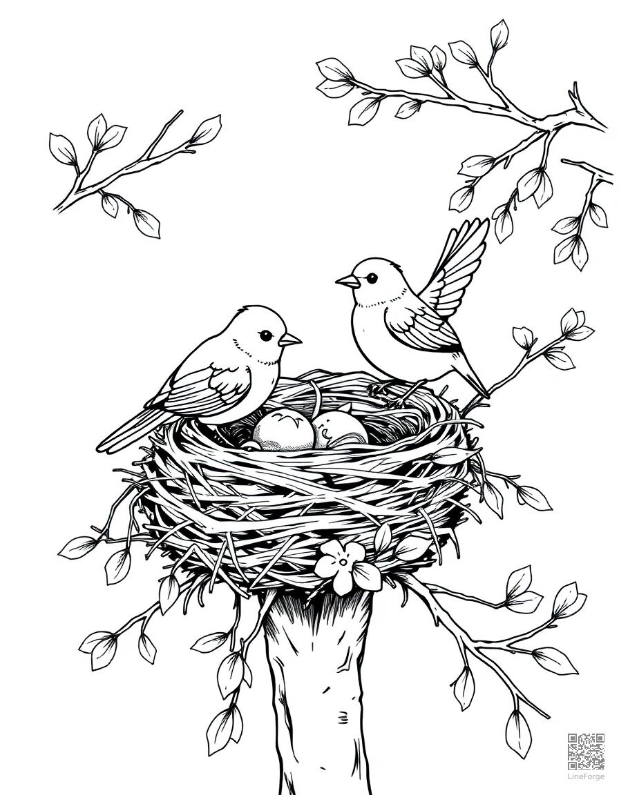 Birds building a nest in spring coloring page Manga style - free printable