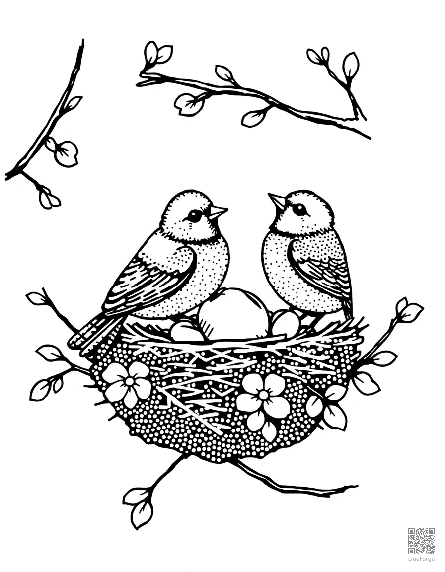 Birds building a nest in spring coloring page Stipple style - free printable