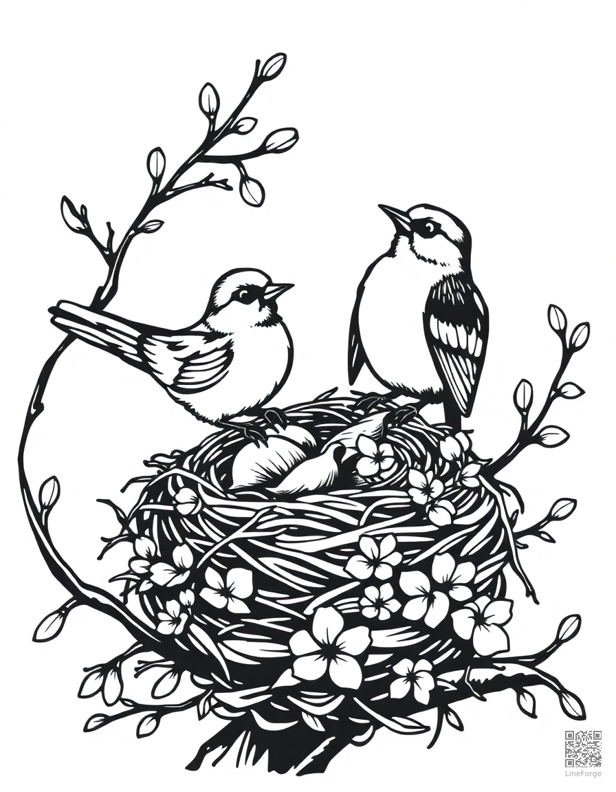 Birds building a nest in spring coloring page Woodcut style - free printable
