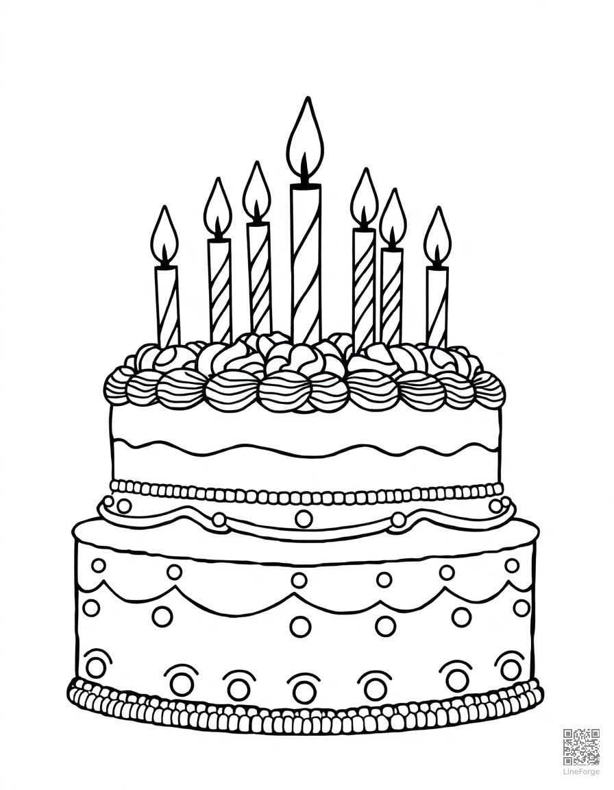 birthday cake with candles and decorations coloring page Contour style - free printable