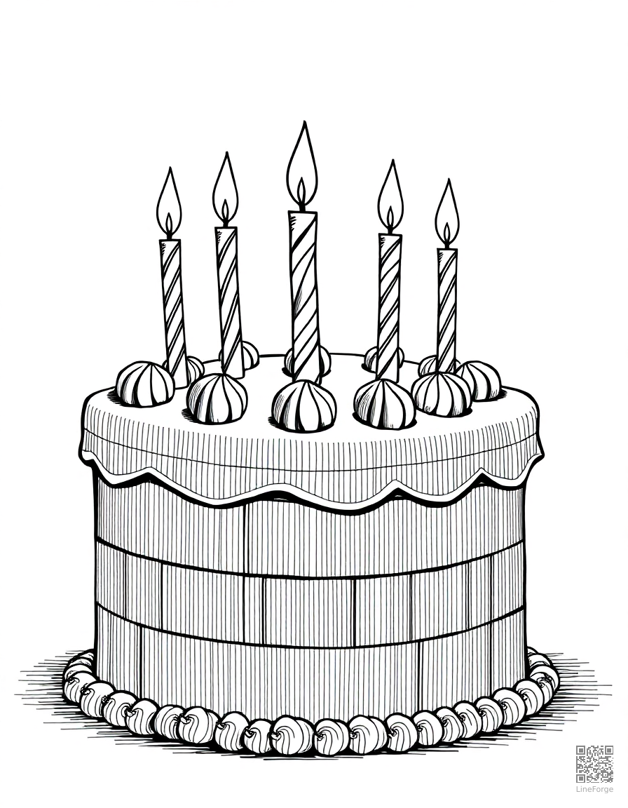 birthday cake with candles and decorations coloring page Crosshatch style - free printable