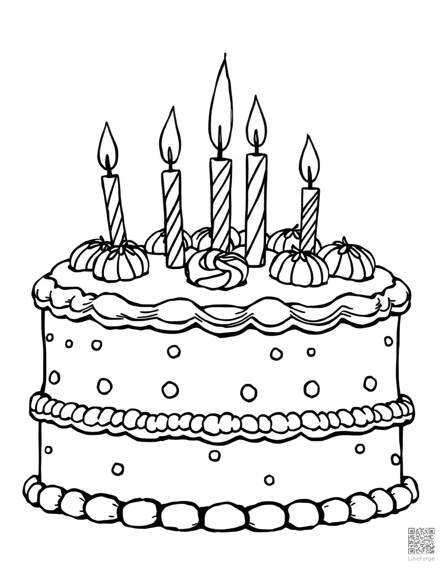 birthday cake with candles and decorations coloring page Manga style - free printable