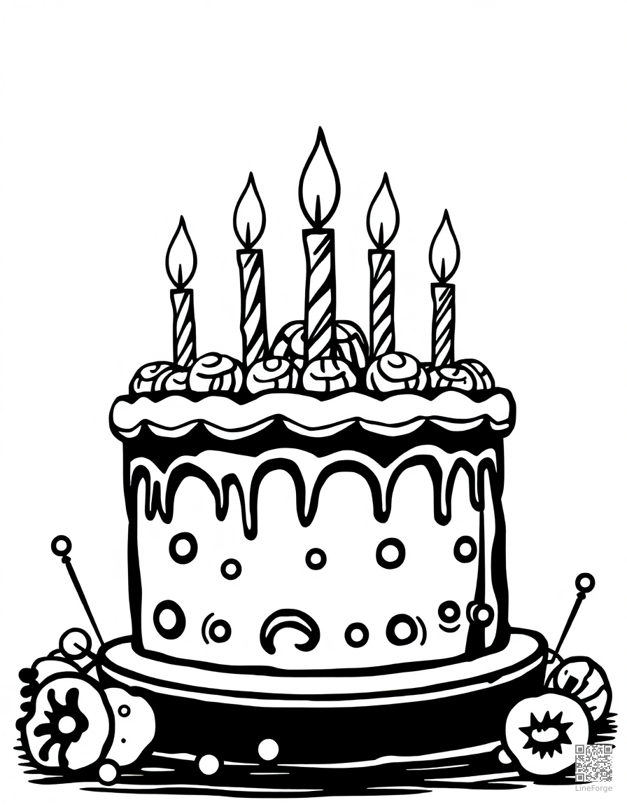birthday cake with candles and decorations coloring page Woodcut style - free printable