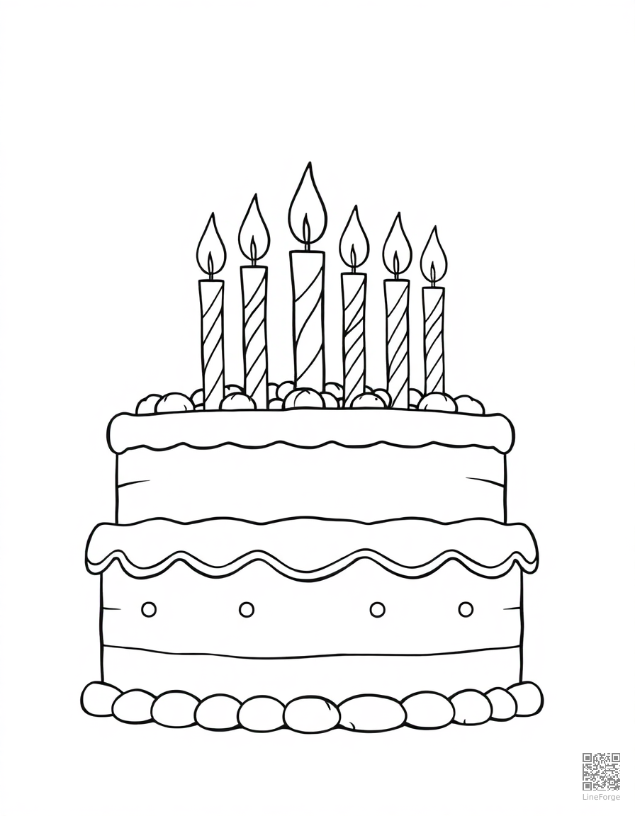Birthday cake with candles coloring page Contour style - free printable