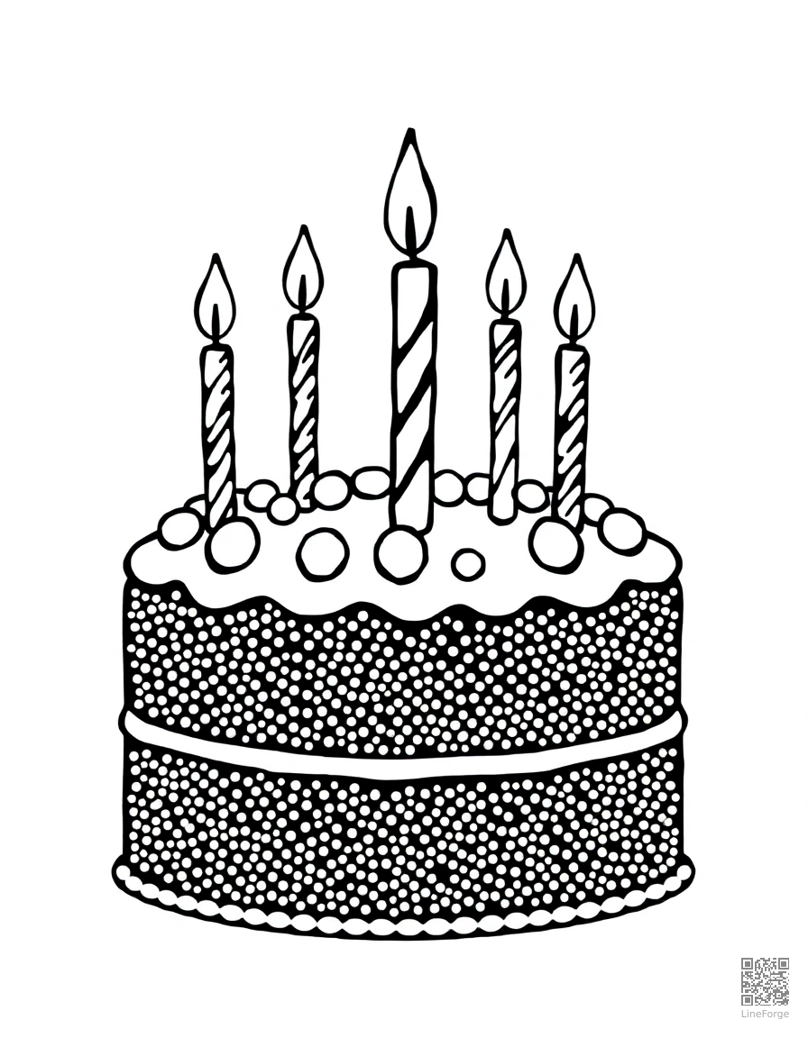 Birthday cake with candles coloring page Stipple style - free printable