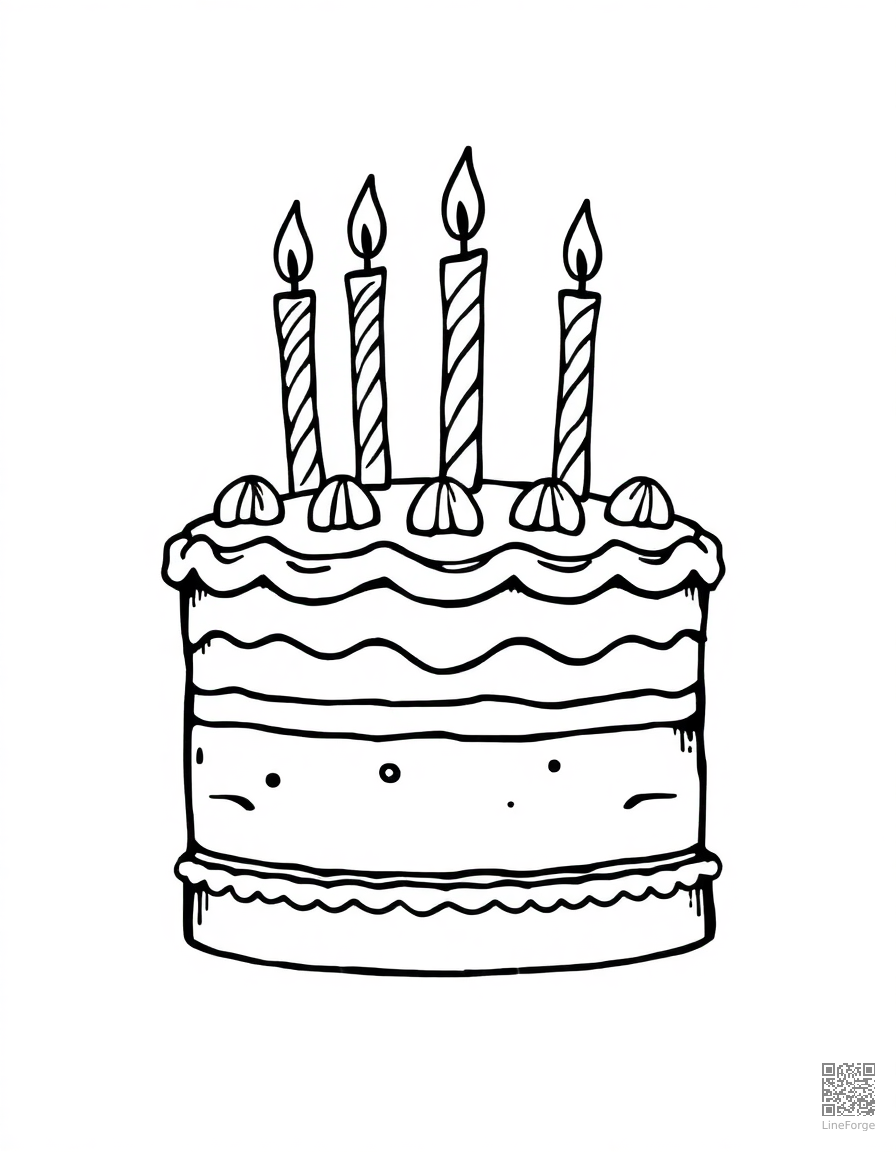 Birthday cake with candles coloring page Woodcut style - free printable