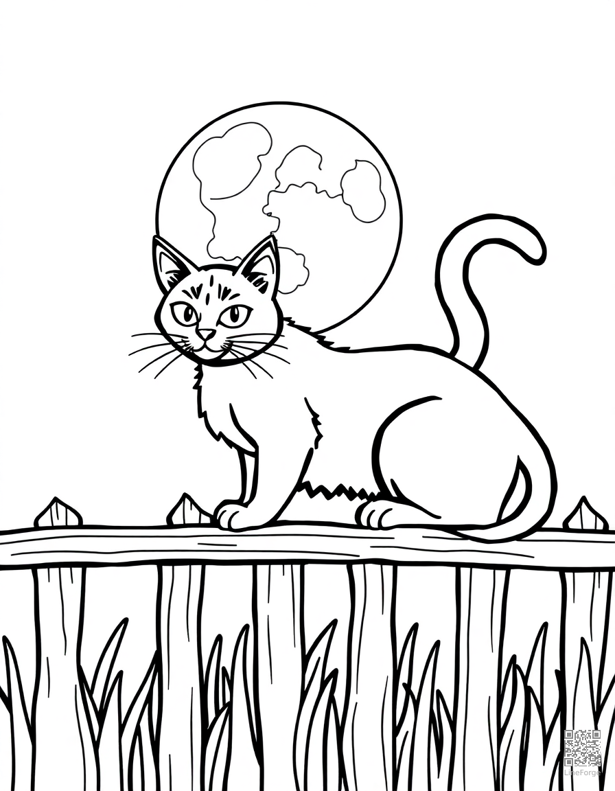 black cat on a fence with full moon coloring page Contour style - free printable