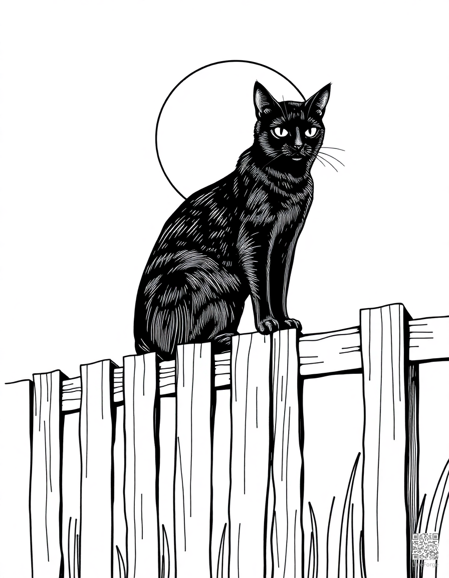 black cat on a fence with full moon coloring page Crosshatch style - free printable