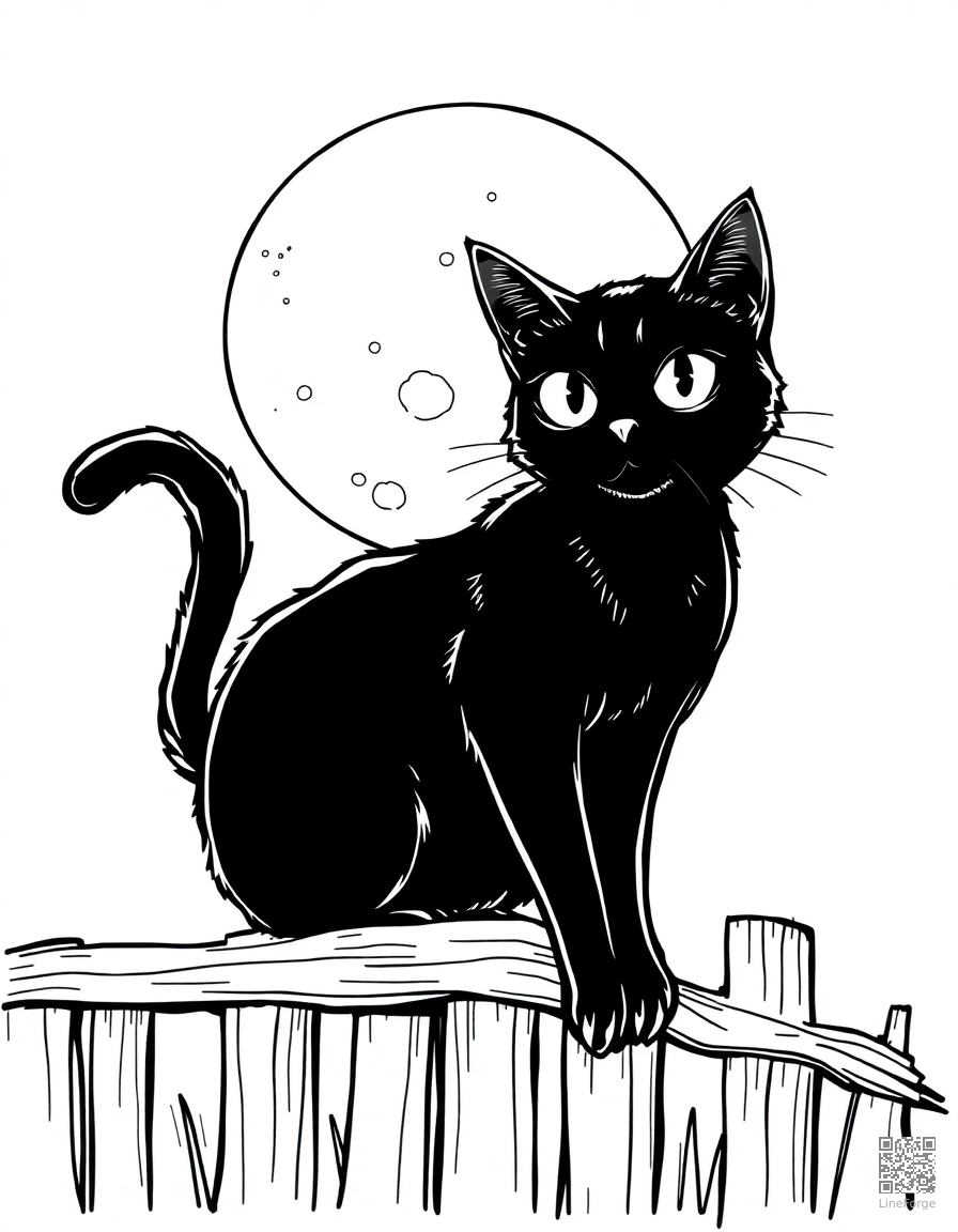 black cat on a fence with full moon coloring page Manga style - free printable