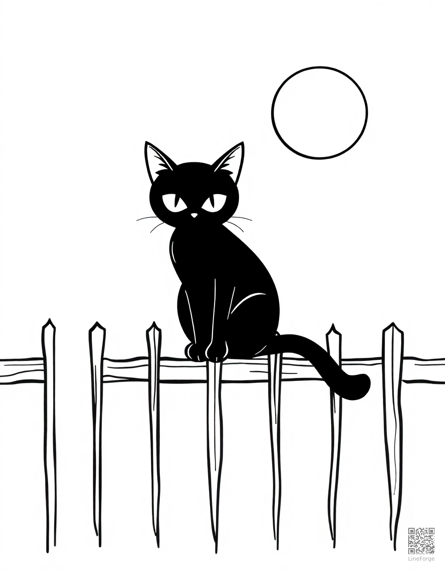 black cat on a fence with full moon coloring page Minimal style - free printable