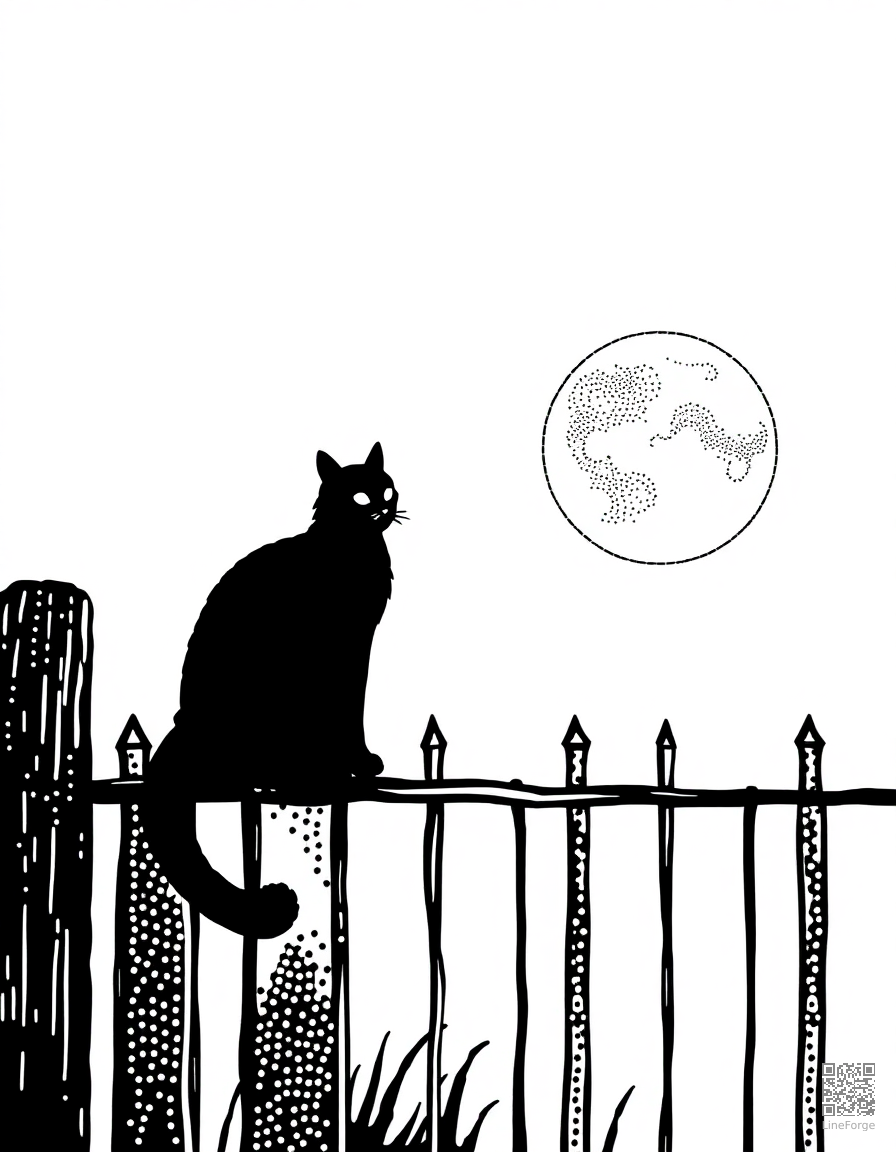 black cat on a fence with full moon coloring page Stipple style - free printable