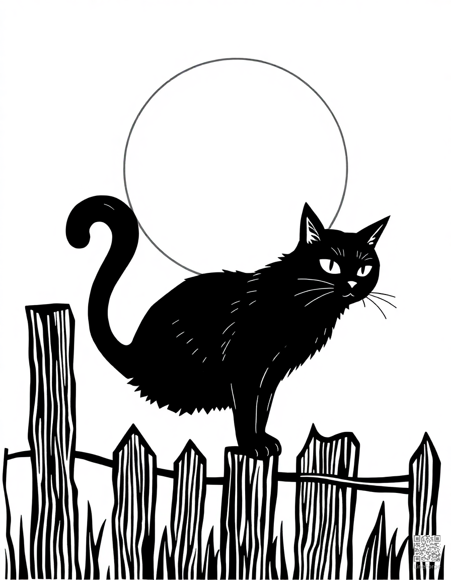 black cat on a fence with full moon coloring page Woodcut style - free printable