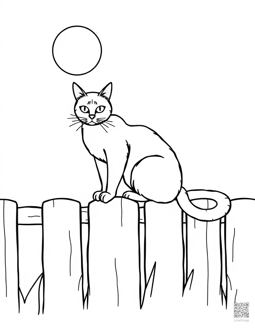 Free black cat sitting on a fence at night coloring page in contour style — printable line art