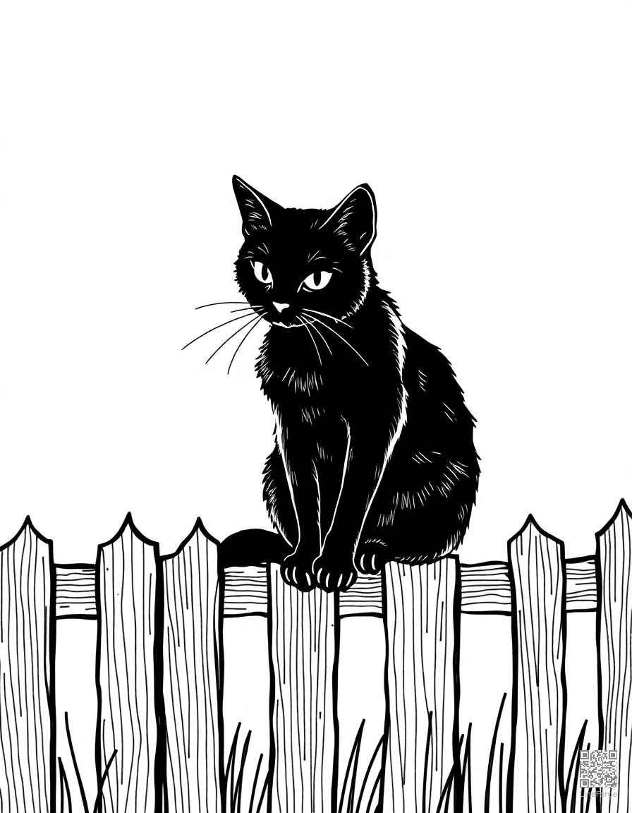 Black cat sitting on a fence at night coloring page Crosshatch style - free printable