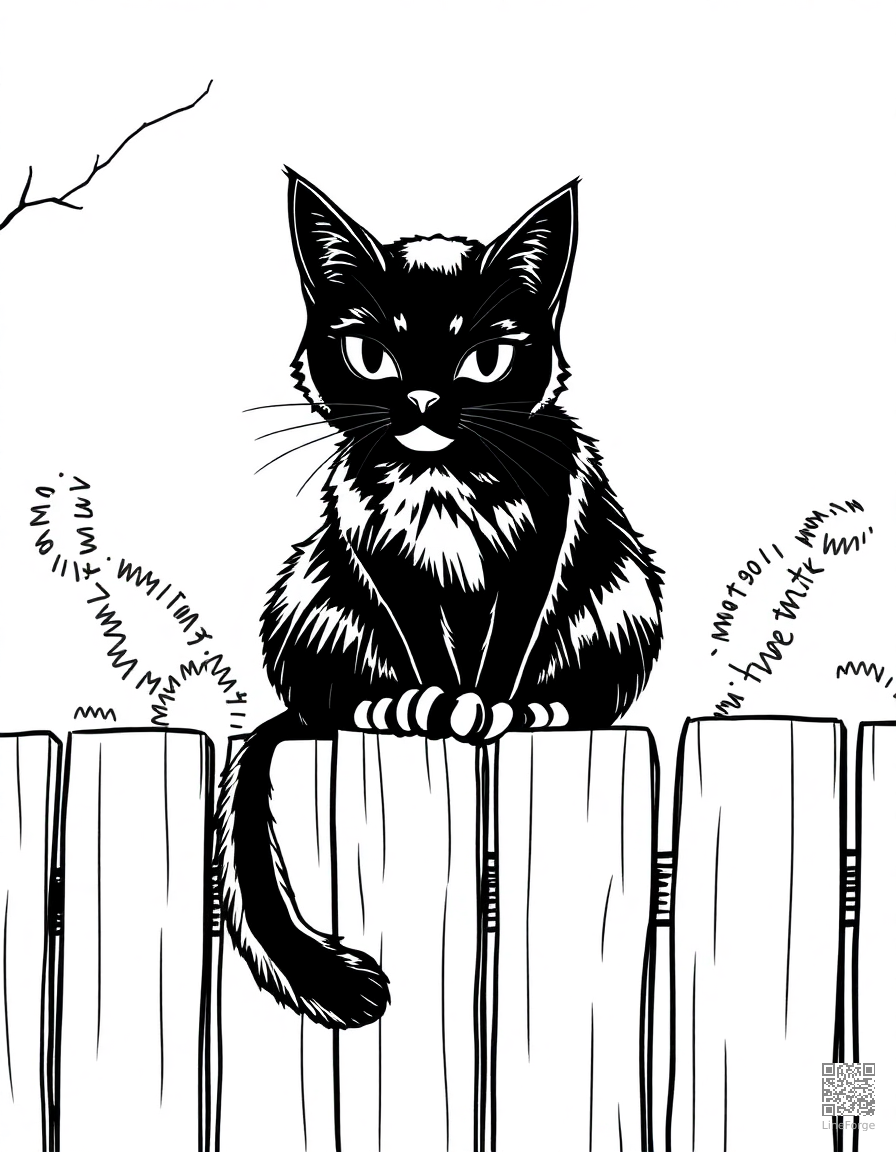 Black cat sitting on a fence at night coloring page Manga style - free printable