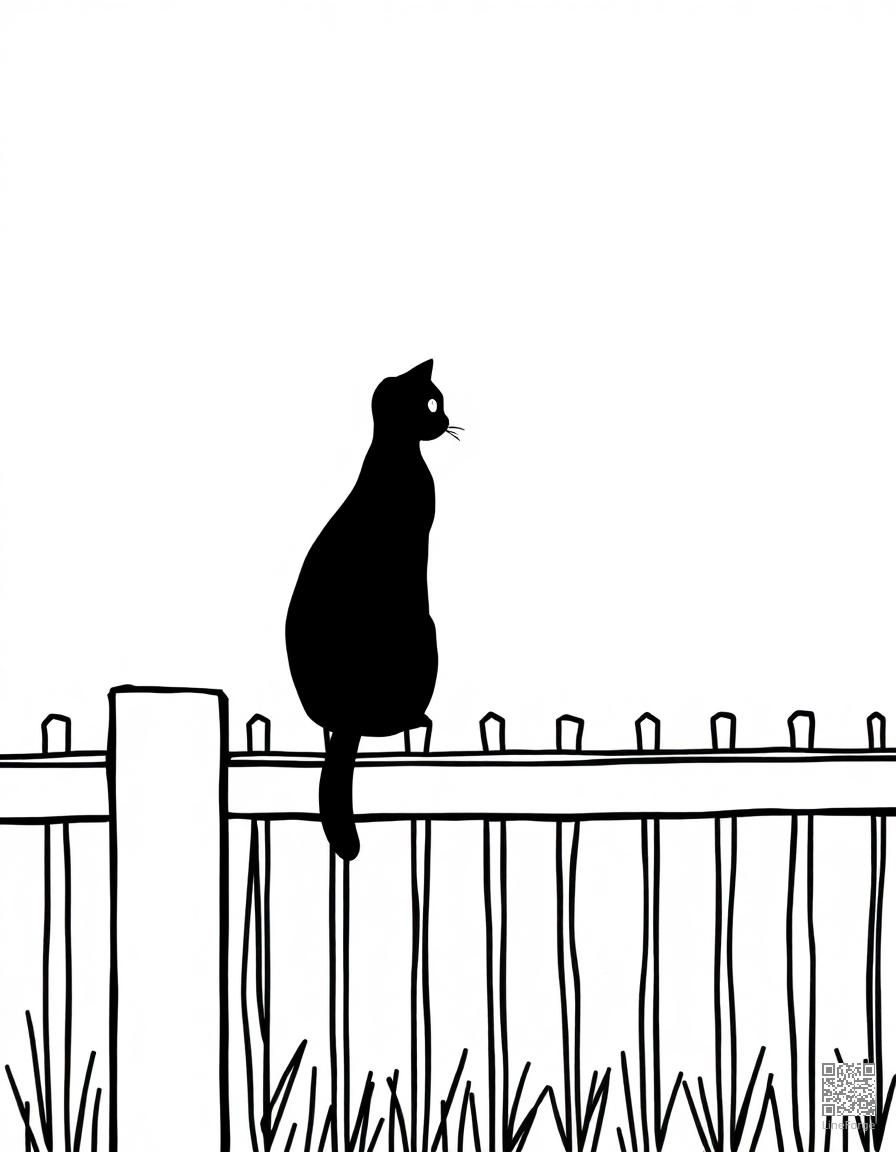 Black cat sitting on a fence at night coloring page Minimal style - free printable