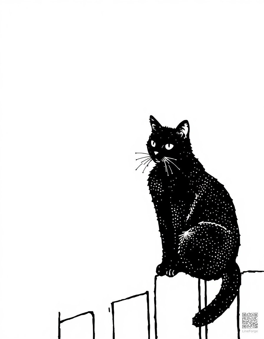 Black cat sitting on a fence at night coloring page Stipple style - free printable