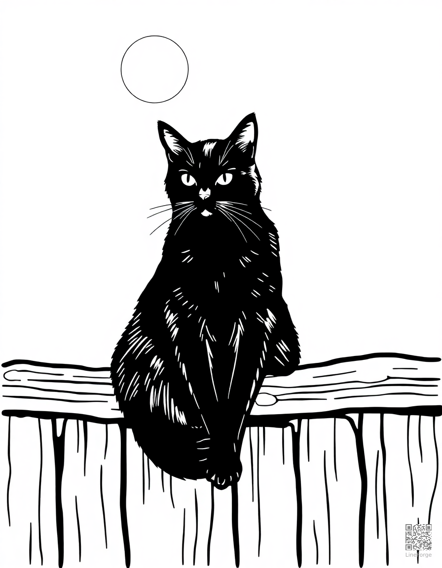 Black cat sitting on a fence at night coloring page Woodcut style - free printable