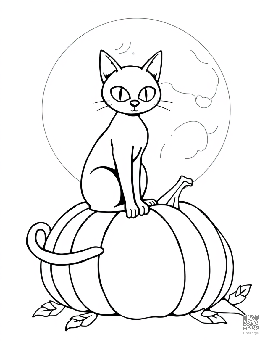 black cat sitting on a pumpkin under a full moon coloring page Contour style - free printable