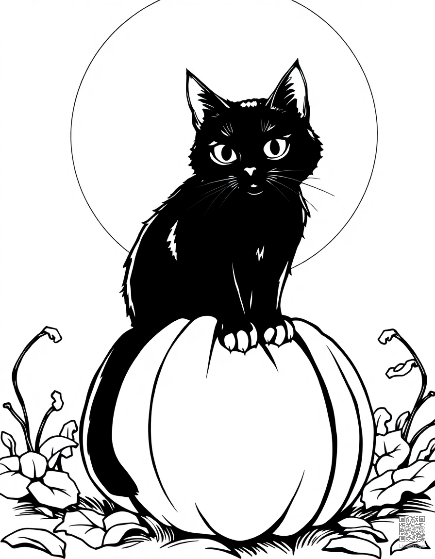 black cat sitting on a pumpkin under a full moon coloring page Manga style - free printable