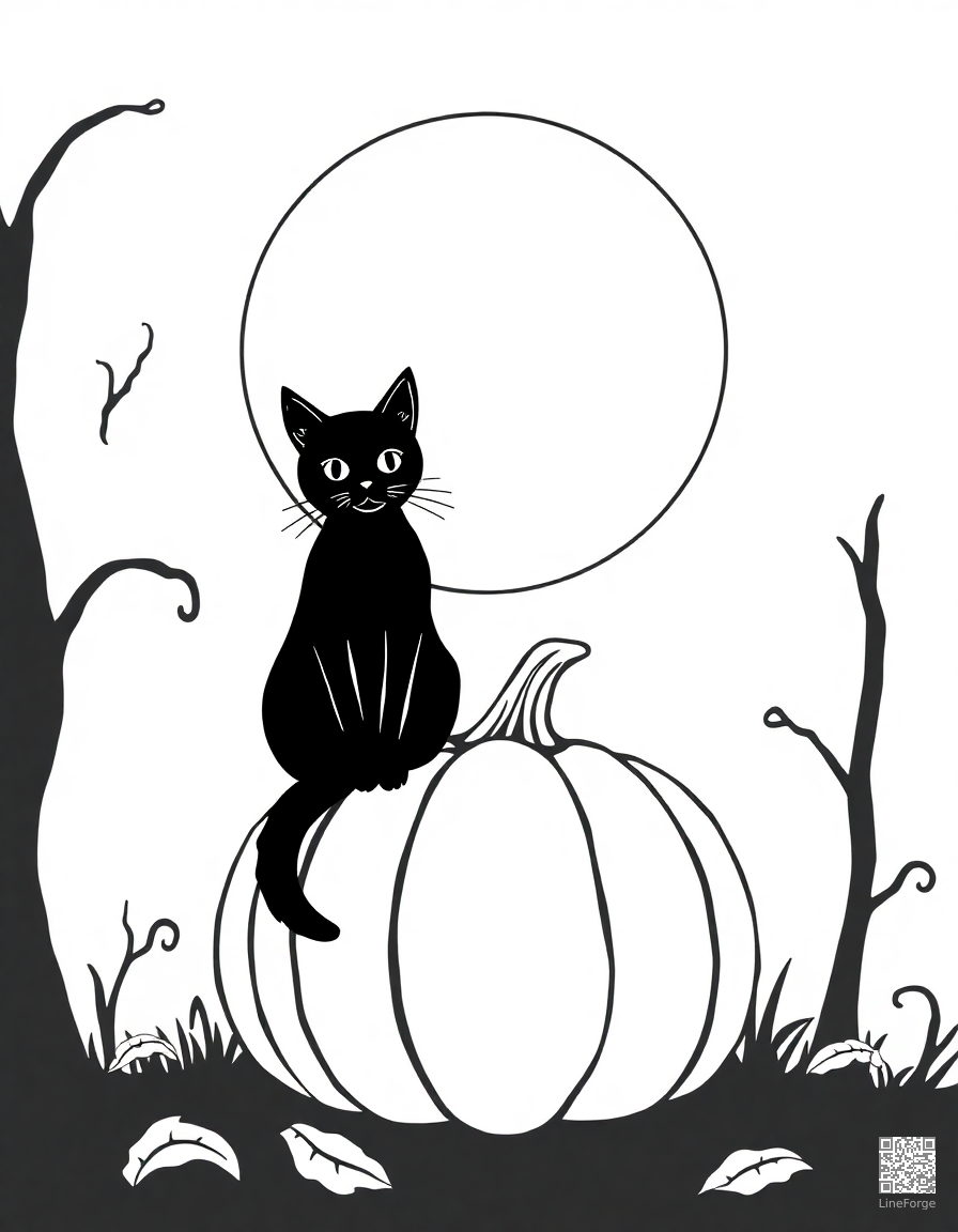 black cat sitting on a pumpkin under a full moon coloring page Minimal style - free printable