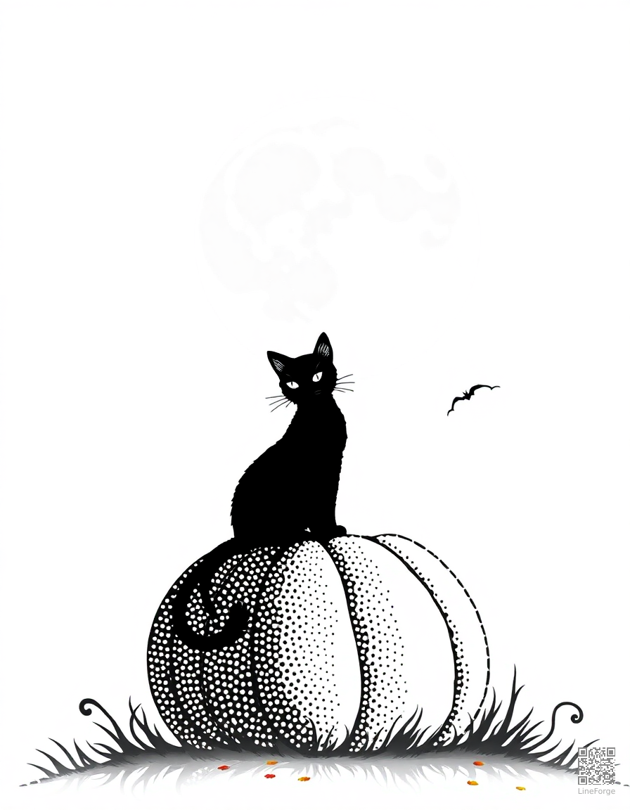 black cat sitting on a pumpkin under a full moon coloring page Stipple style - free printable