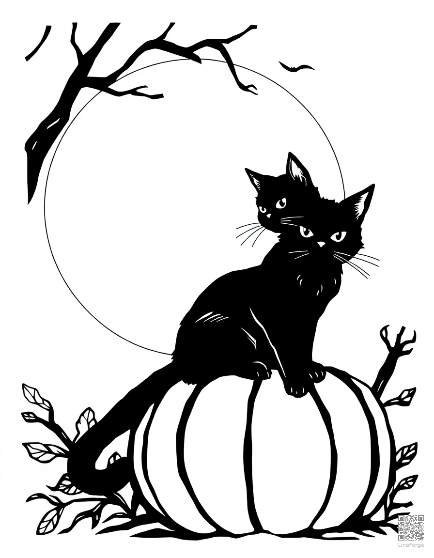 black cat sitting on a pumpkin under a full moon coloring page Woodcut style - free printable