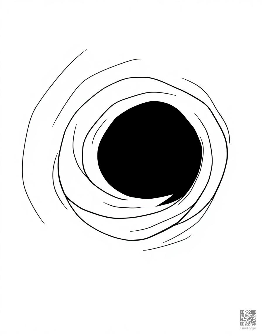 Free black hole bending light around it coloring page in contour style — printable line art