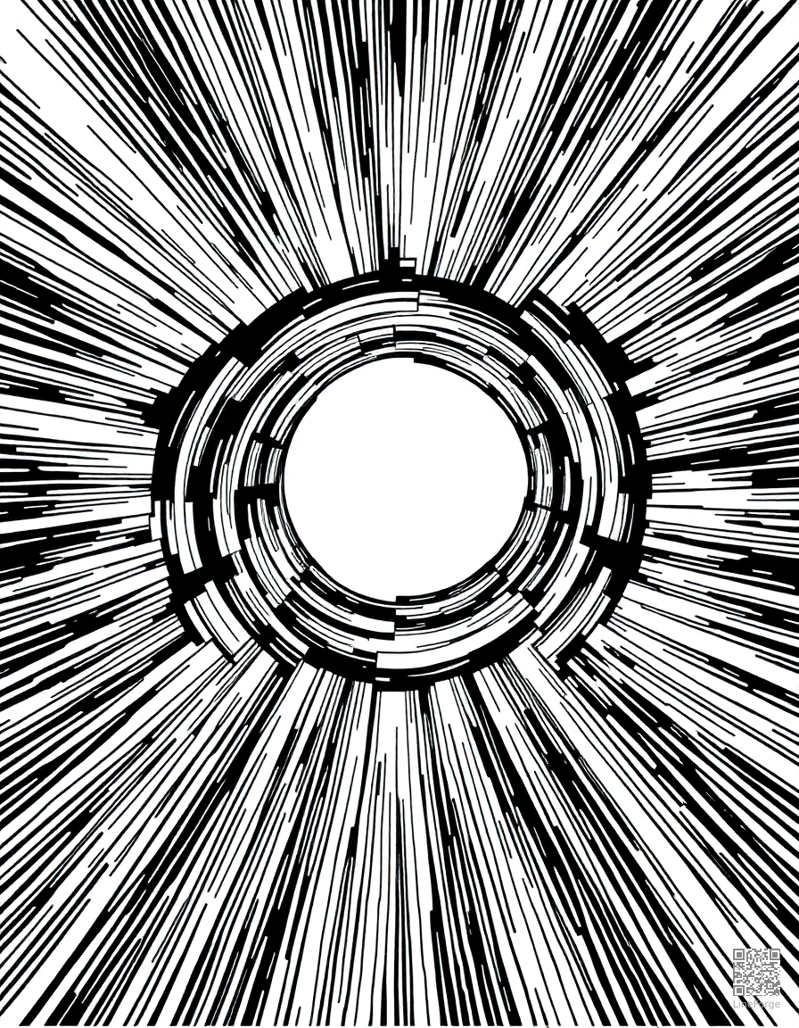 black hole bending light around it coloring page Crosshatch style free printable