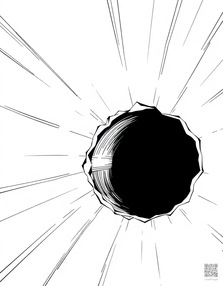 black hole bending light around it coloring page Manga style free printable