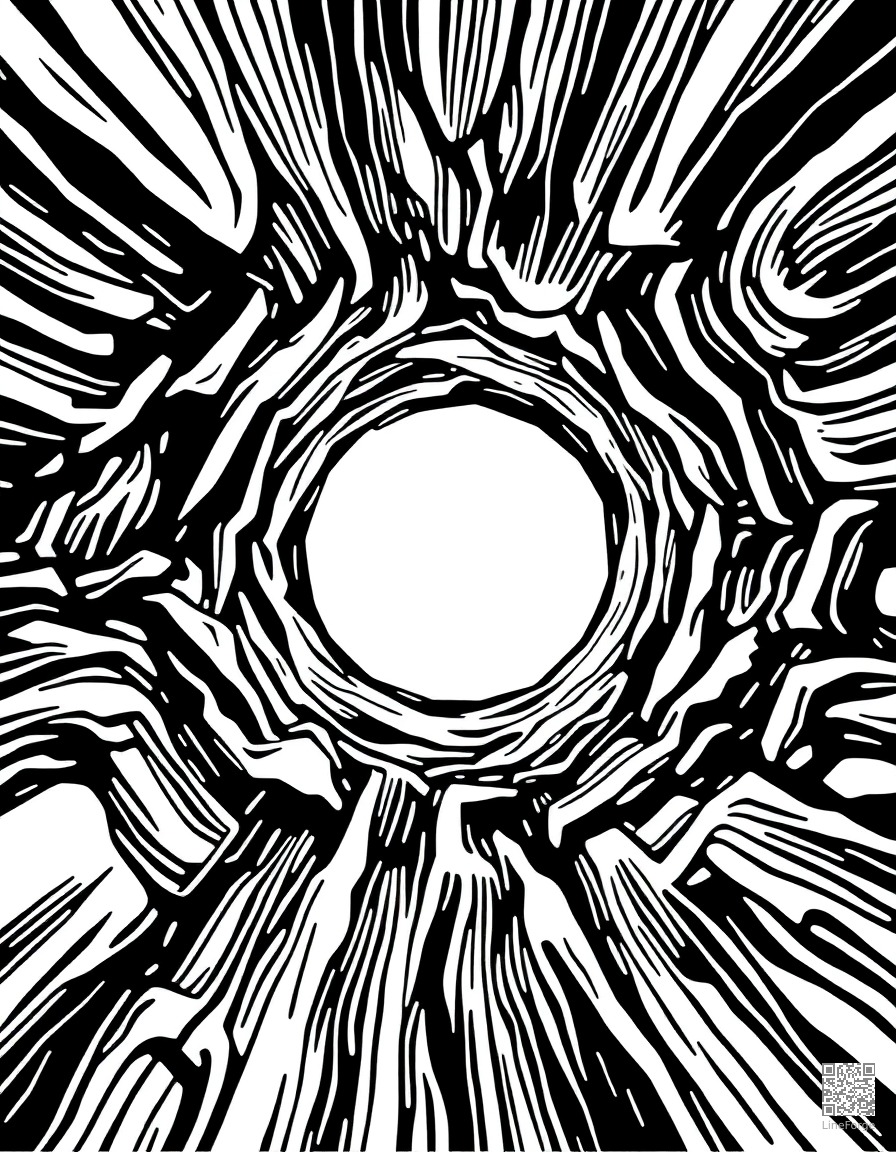 black hole bending light around it coloring page Woodcut style free printable