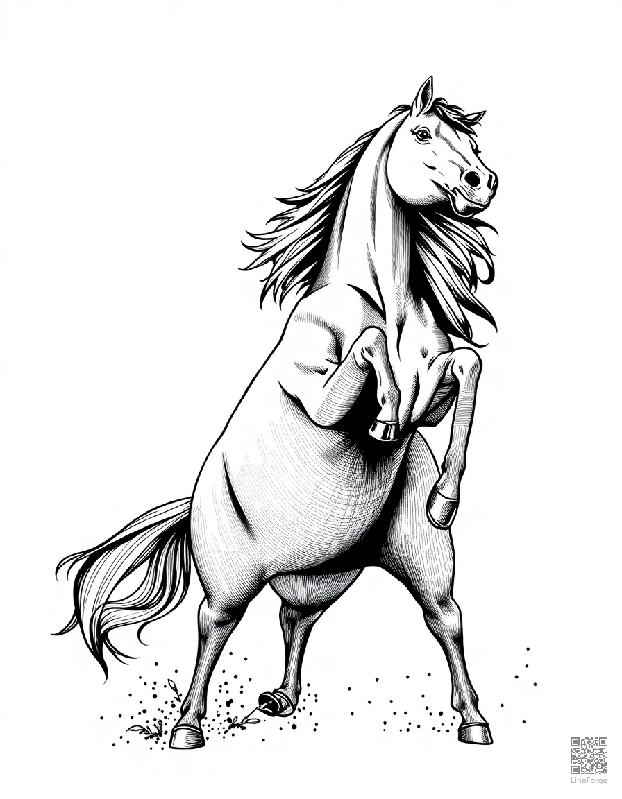 black stallion rearing up dramatically coloring page Crosshatch style - free printable