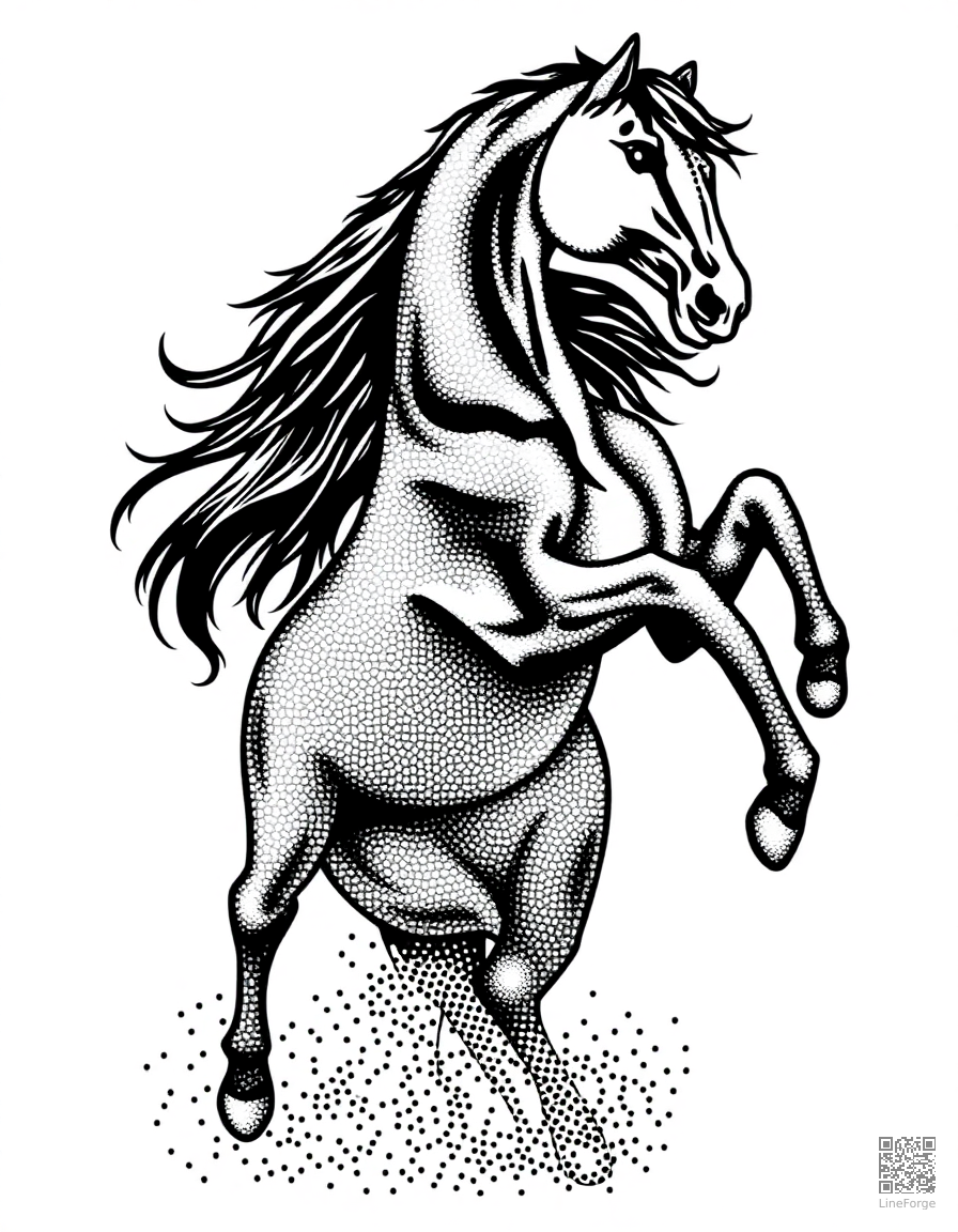black stallion rearing up dramatically coloring page Stipple style - free printable