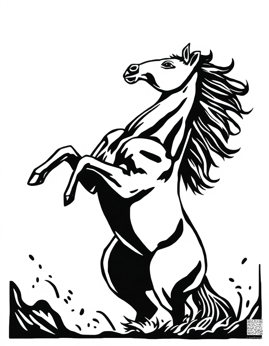black stallion rearing up dramatically coloring page Woodcut style - free printable
